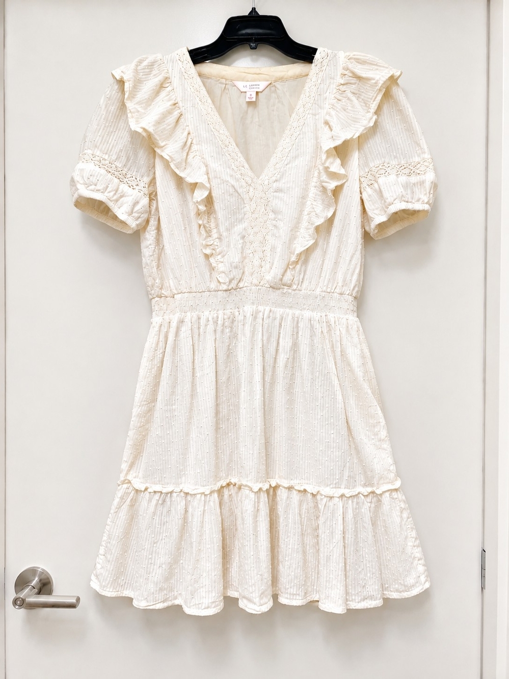 Swiss Dot Cotton Mini Dress Lace Ruffle Puff Sleeve Cottagecore